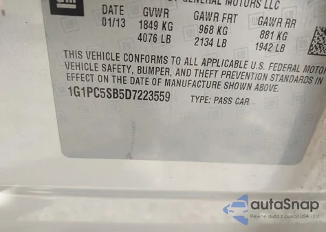 2013 Chevrolet Cruze 1Lt Auto from USA, damaged, VIN 1G1PC5SB5D7223559